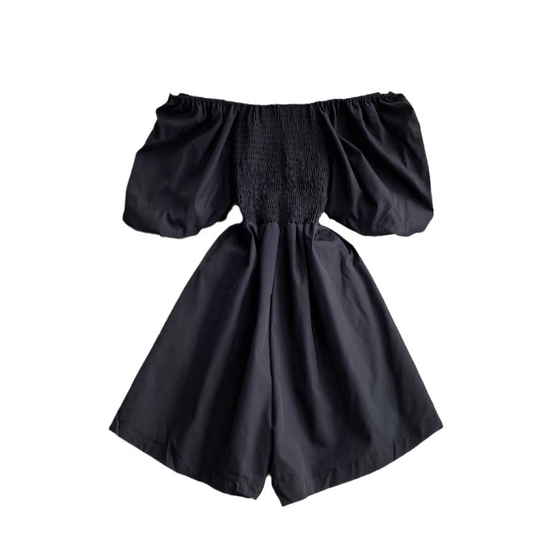 Off shoulder smocked bodice romper