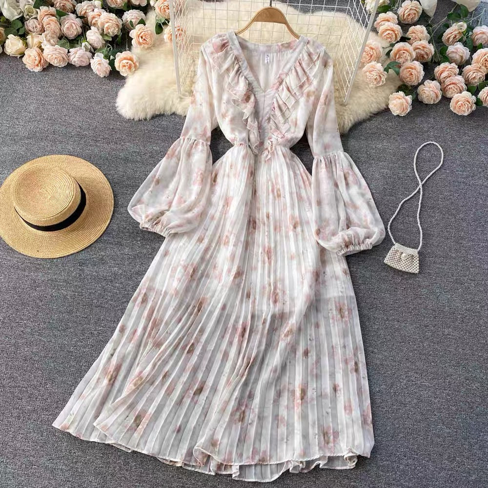 Balloon sleeve ruffle V neck pleated dress