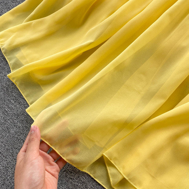 Peasant sleeve tie neck yellow solid maxi dress