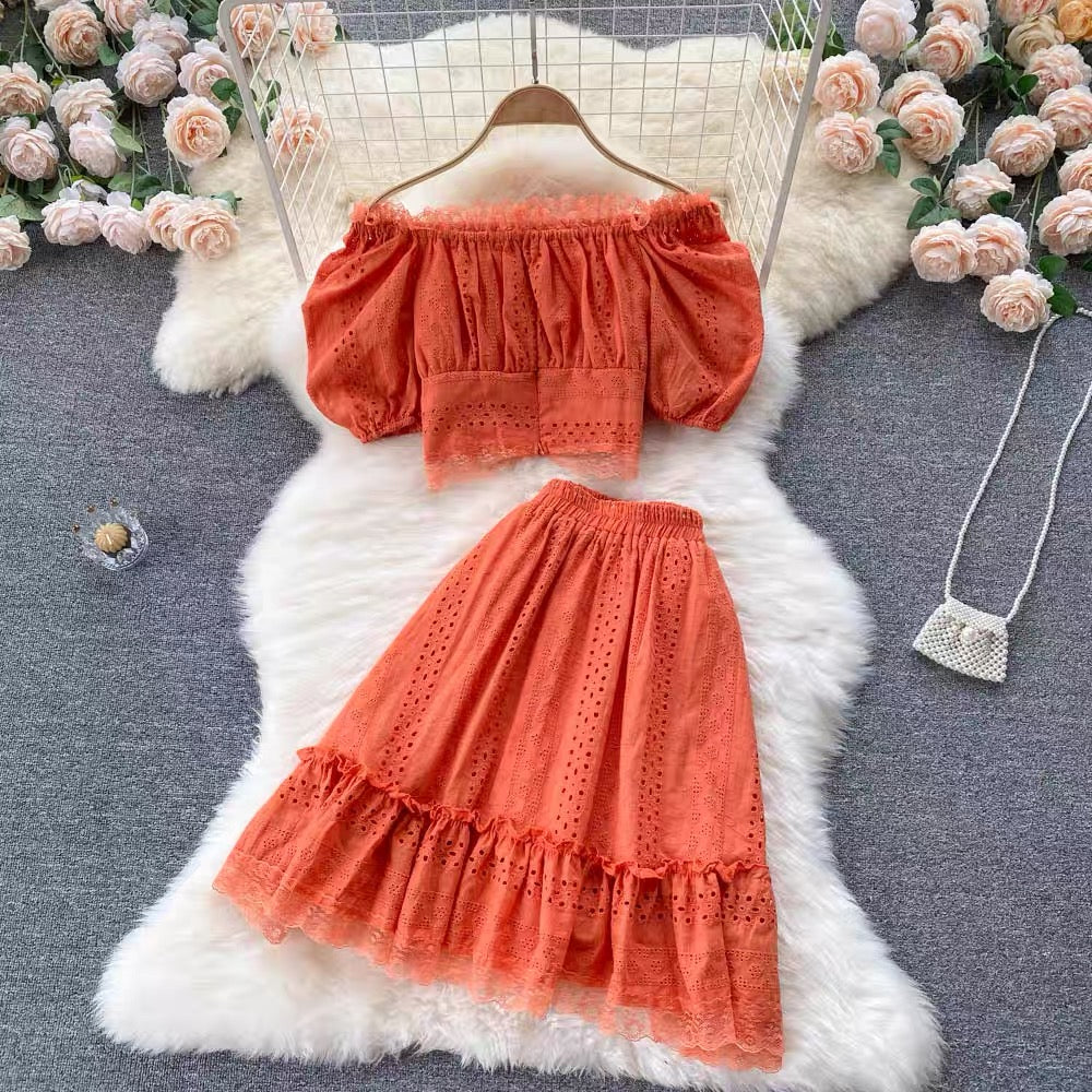 Off shoulder crop top and A line skirt set