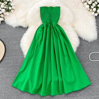 Strapless smocked bodice solid colour midi dress