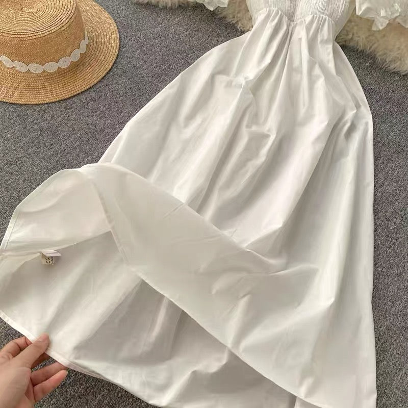 Back bowknot smocked bodice solid white midi dress