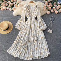 Balloon sleeve ruffle V neck pleated dress