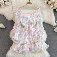 Sweetheart neckline ruffle floral mini dress