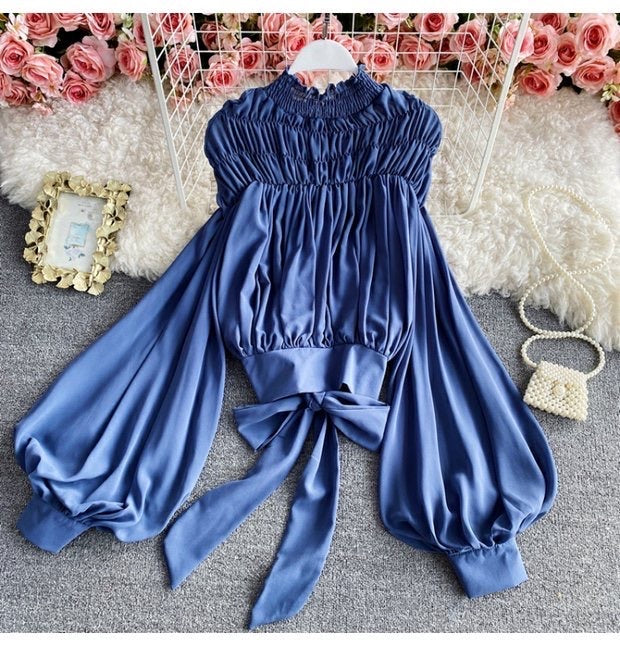 Bishop sleeve ruched neck tie waist top