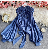 Bishop sleeve ruched neck tie waist top