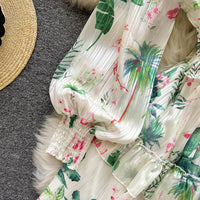 Cuff sleeve V neck floret ruffle mini dress