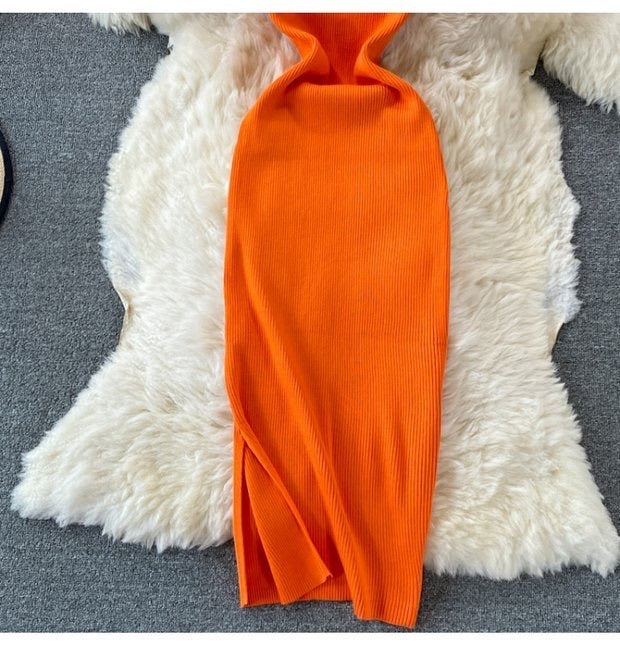 Short sleeve square neck knit slit dress