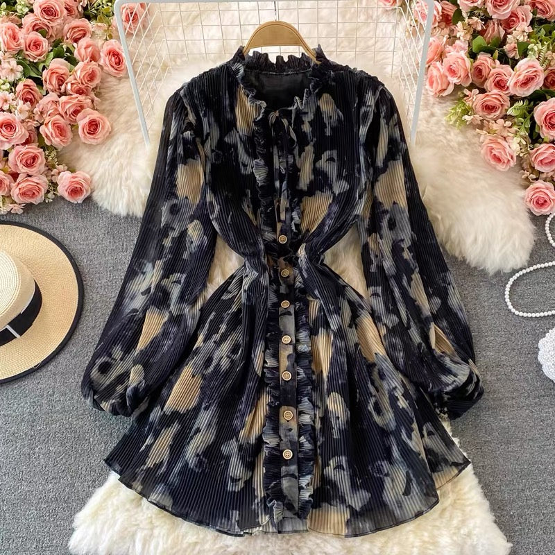 Peasant sleeve button through tie neck pleated dress