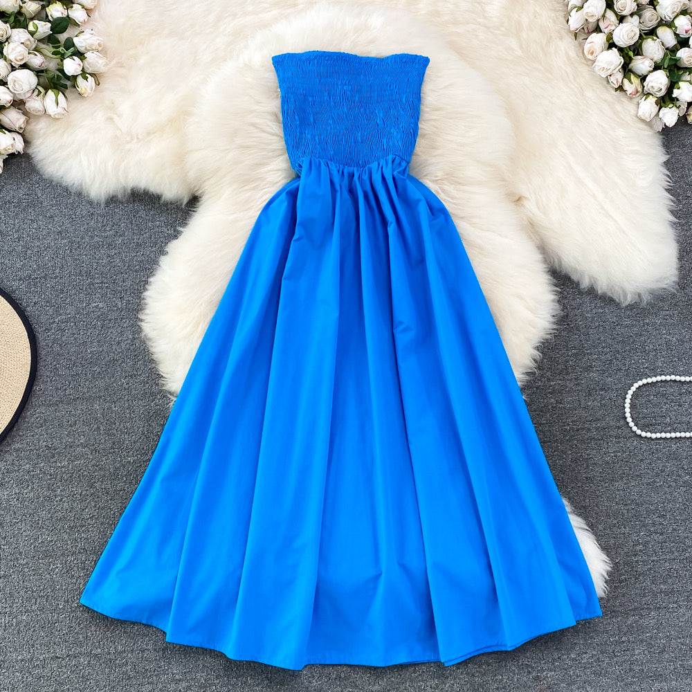 Strapless smocked bodice solid colour midi dress