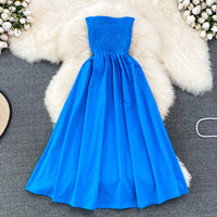 Strapless smocked bodice solid colour midi dress