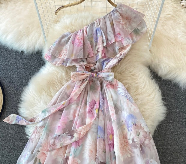 One shoulder ruffle floral maxi dress