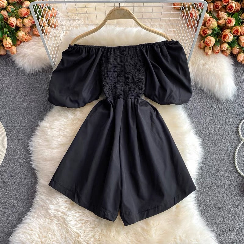 Off shoulder smocked bodice romper