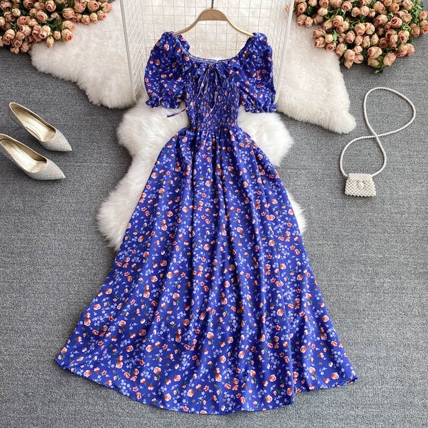 Off shoulder shirred bodice floral maxi dress