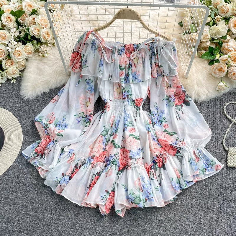 Off shoulder poet sleeve floral romper