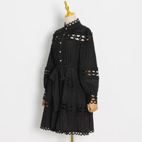 Belted button through embellished lace A line dress