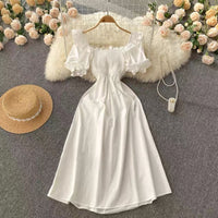 Back bowknot smocked bodice solid white midi dress