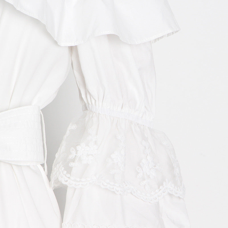 Flappy off shoulder embellished lace solid white maxi dress
