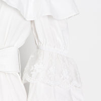 Flappy off shoulder embellished lace solid white maxi dress