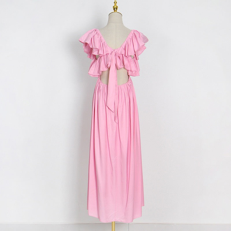 Flowy square neck back bowknot maxi dress