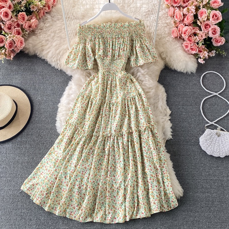 Mini floral Flounce sleeve off shoulder tiered midi dress
