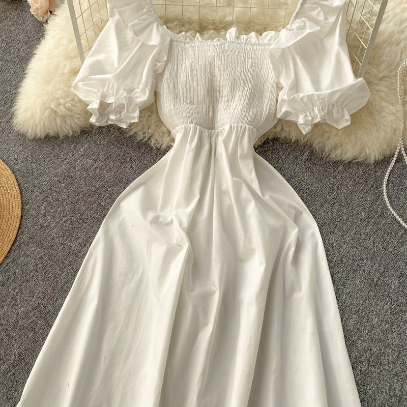 Back bowknot smocked bodice solid white midi dress