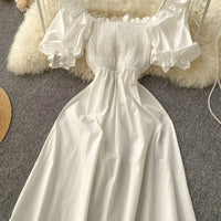 Back bowknot smocked bodice solid white midi dress