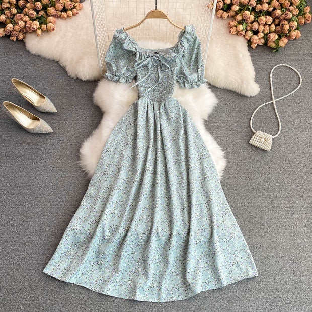 Off shoulder shirred bodice floral maxi dress
