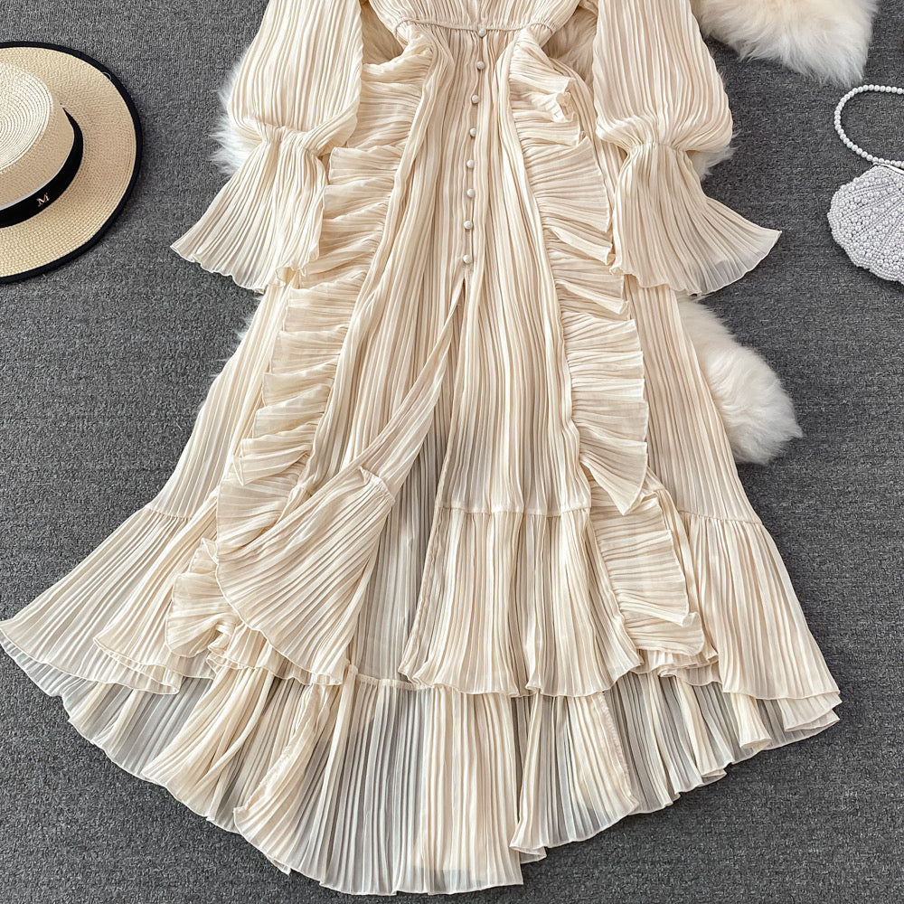 V neck button down side ruffle plisse midi dress