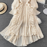 V neck button down side ruffle plisse midi dress