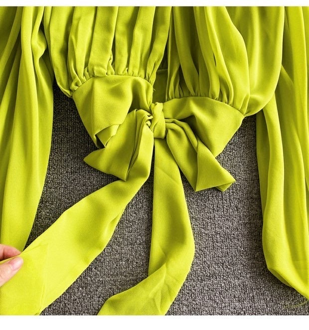 Bishop sleeve ruched neck tie waist top