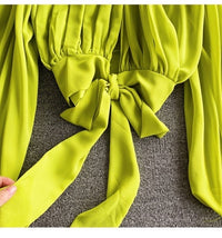 Bishop sleeve ruched neck tie waist top
