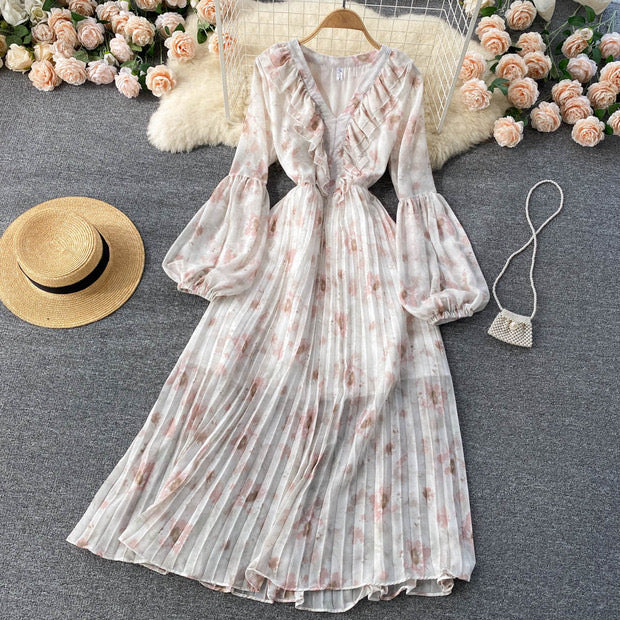 Balloon sleeve ruffle V neck pleated dress