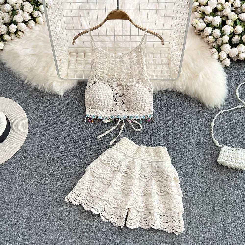 Embroidery lace halter 2 pieces swimming set