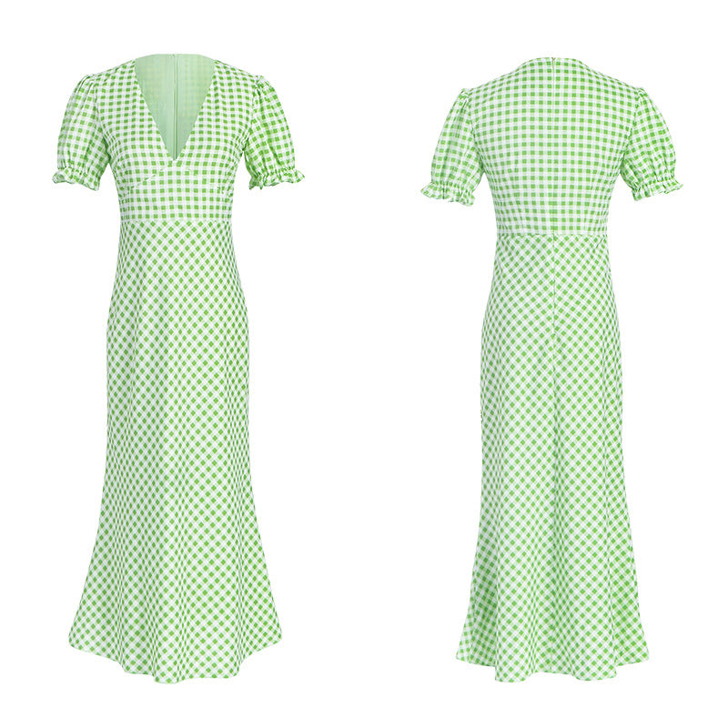 V neck green plaided midi dress