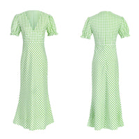 V neck green plaided midi dress