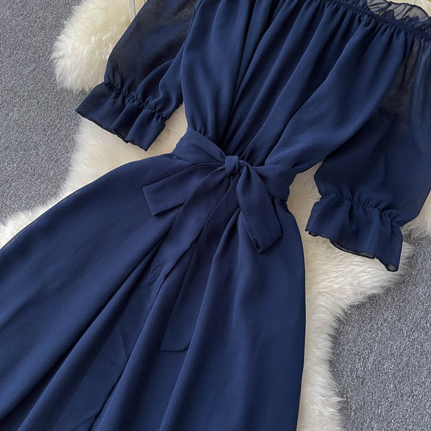 Flowy off shoulder belted maxi dress