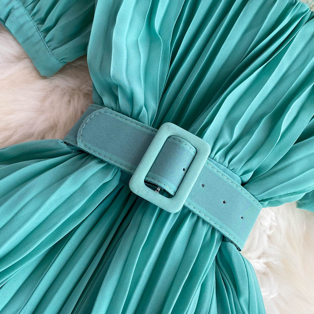 Belted round neck pleated midi dress