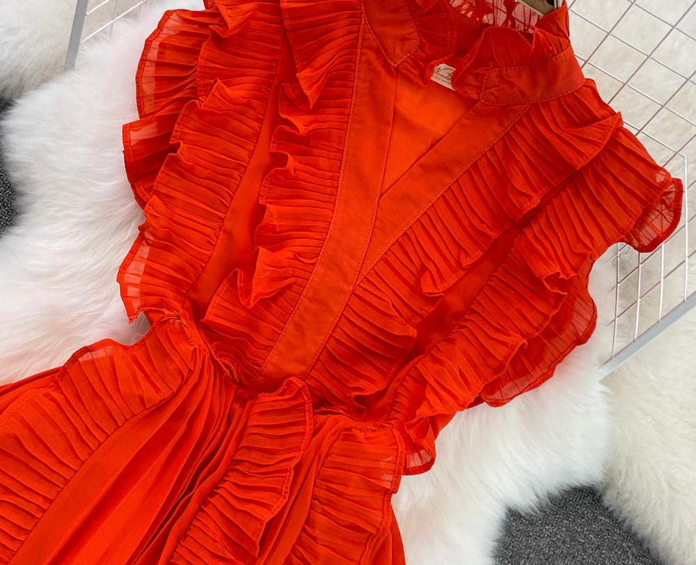 Pleated ruffle midi chiffon dress