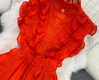 Pleated ruffle midi chiffon dress