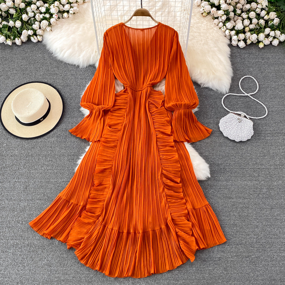 V neck button down side ruffle plisse midi dress