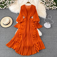 V neck button down side ruffle plisse midi dress