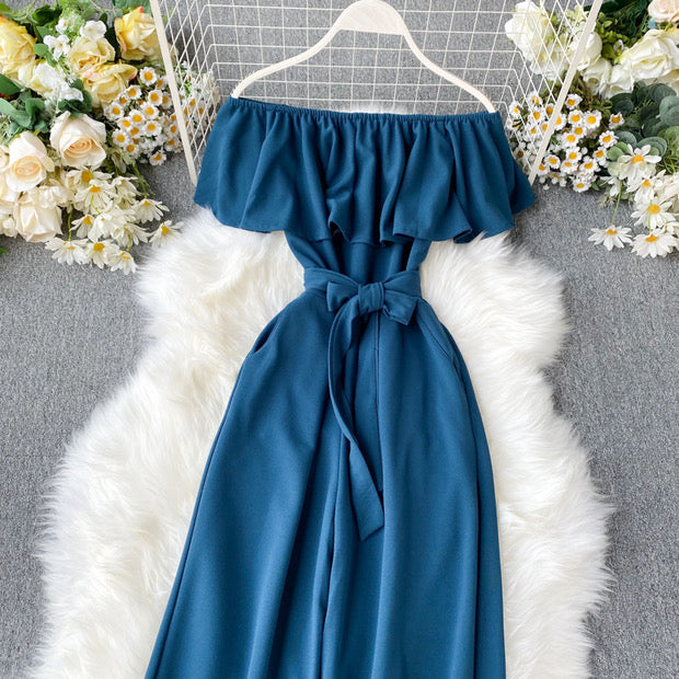 Off shoulder waist tie ruffle jumpsuit