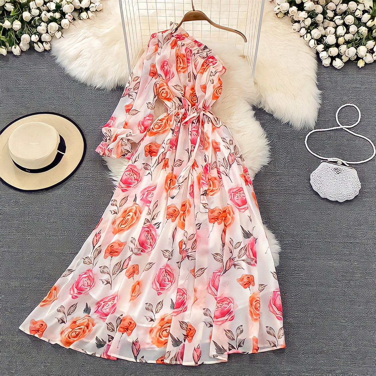 Poet sleeve one shoulder floral maxi dress