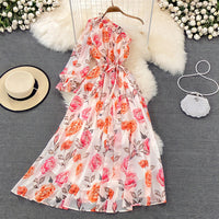 Poet sleeve one shoulder floral maxi dress