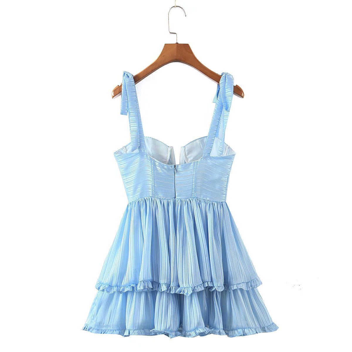 Tie shoulder cami V cut ruffle layers dress