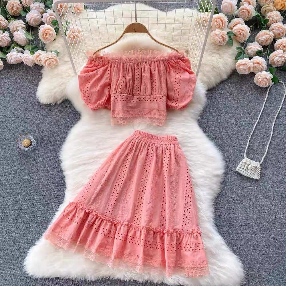 Off shoulder crop top and A line skirt set