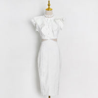 Lace up sleeveless ruffle embellished lace trim midi dress