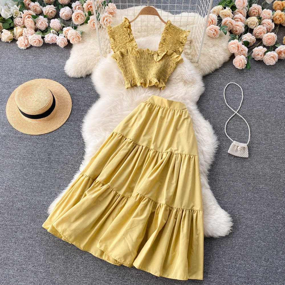 Smocked bodice crop top and prairie skirt set
