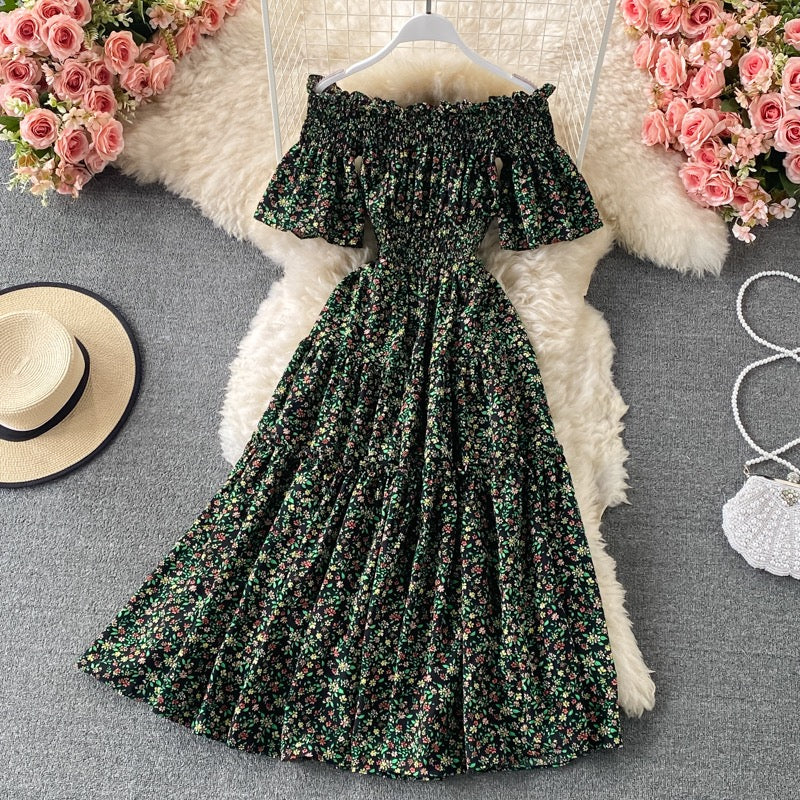 Mini floral Flounce sleeve off shoulder tiered midi dress